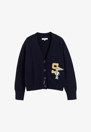 Navy sweater cardigan made of knit fabric, featuring a V-neck, six buttons, ribbed cuffs, and an embroidered Snoopy design with a flag.