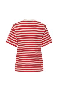 Rød- og cremefarvet stribet kortærmet T-shirt med rund hals, der har en afslappet pasform og glat bomuldsstof.