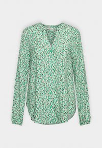 Blouse boutonnée à manches longues avec motif de feuilles vert, sarcelle et blanc et encolure ronde sur fond uni.