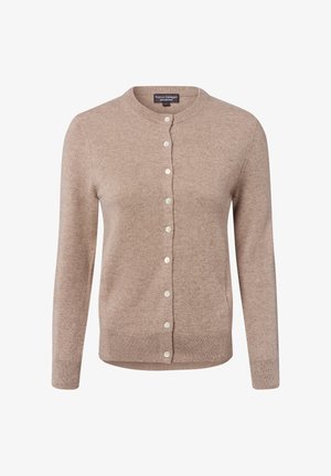 Beige long-sleeve cashmere cardigan with round neck and front button closure featuring eight white buttons.