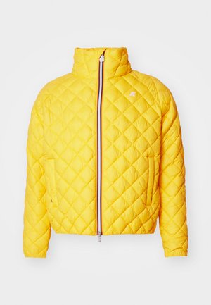 Giacca imbottita gialla trapuntata con colletto alto, zip frontale con bordi a strisce e logo accentuato sul petto. Realizzata in materiale leggero.