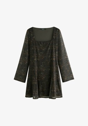 Mustade pikade varrukatega õhuline tunika, millel on tumepruunid abstraktsed laigud ja ruudukujuline kaelus, laiendatud serv.