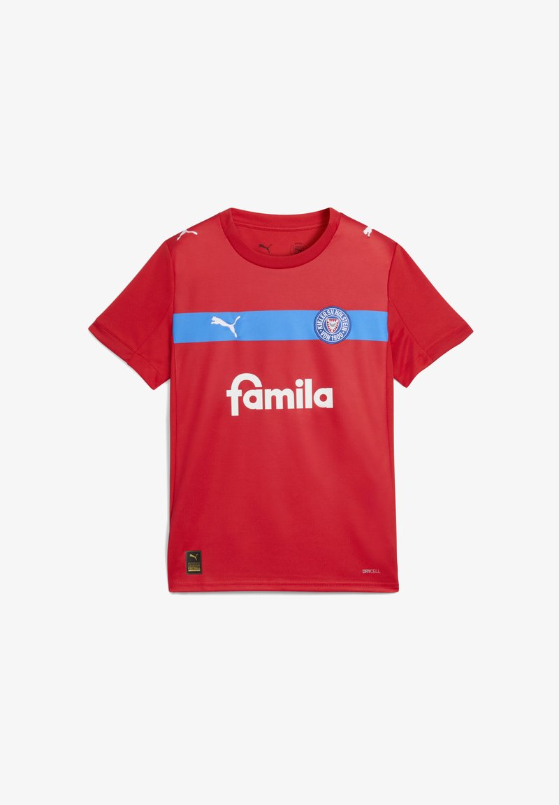 Maillot de soccer rouge en tissu respirant, avec une bande horizontale bleue portant le logo "famila" et la marque Puma sur la poitrine.