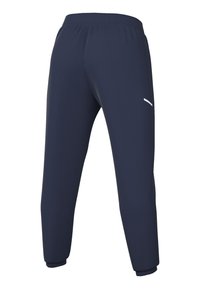 Pantaloni sportivi navy realizzati in un tessuto morbido, con vita elasticizzata, gambe affusolate e un piccolo dettaglio bianco sul lato.