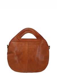 Brown leather handbag with rounded shape and built-in triangular handle at the top, with visible stitching detail.