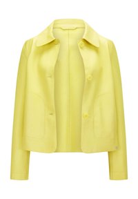 Kurze, gelbe Jacke aus glattem Stoff mit kragen und Knöpfen auf der Vorderseite sowie Seitentaschen. Einfaches, strukturiertes Design.