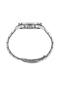 Montre en acier inoxydable avec un cadran rond, deux boutons sur le côté et un bracelet à maillons. Fini poli avec un design minimaliste.