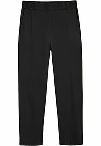 Svarta, stretchiga byxor i tyg med elastisk midja, med sidofickor och en slät yta, designade för komfort och rörelsefrihet.