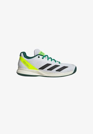 White low-top athletic shoe with green laces, black stripes, neon yellow accent, and green sole, designed for pickleball.