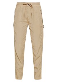 Beige Freizeithosen mit elastischem Bund, schmal zulaufenden Beinen, gestepptem Knie-Detail und seitlichen Taschen mit Reißverschluss.