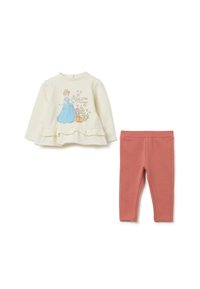 Lichtgele lange mouwen top met gerimpelde onderrand en een Assepoester-afbeelding, gecombineerd met roze leggings. Zacht materiaal met elastische tailleband.