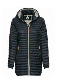 Schwarze Daunenjacke mit Kapuze, ausgestattet mit einem Reißverschluss, gerippten Bündchen und tanfarbigen Akzenten. Leicht und mit gesteppter Oberfläche.