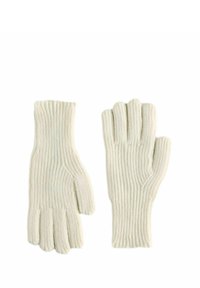 Gebreide handschoenen in off-white, met een geribbelde textuur en een ontwerp met vijf vingers voor warmte en behendigheid. Zacht, flexibel materiaal.