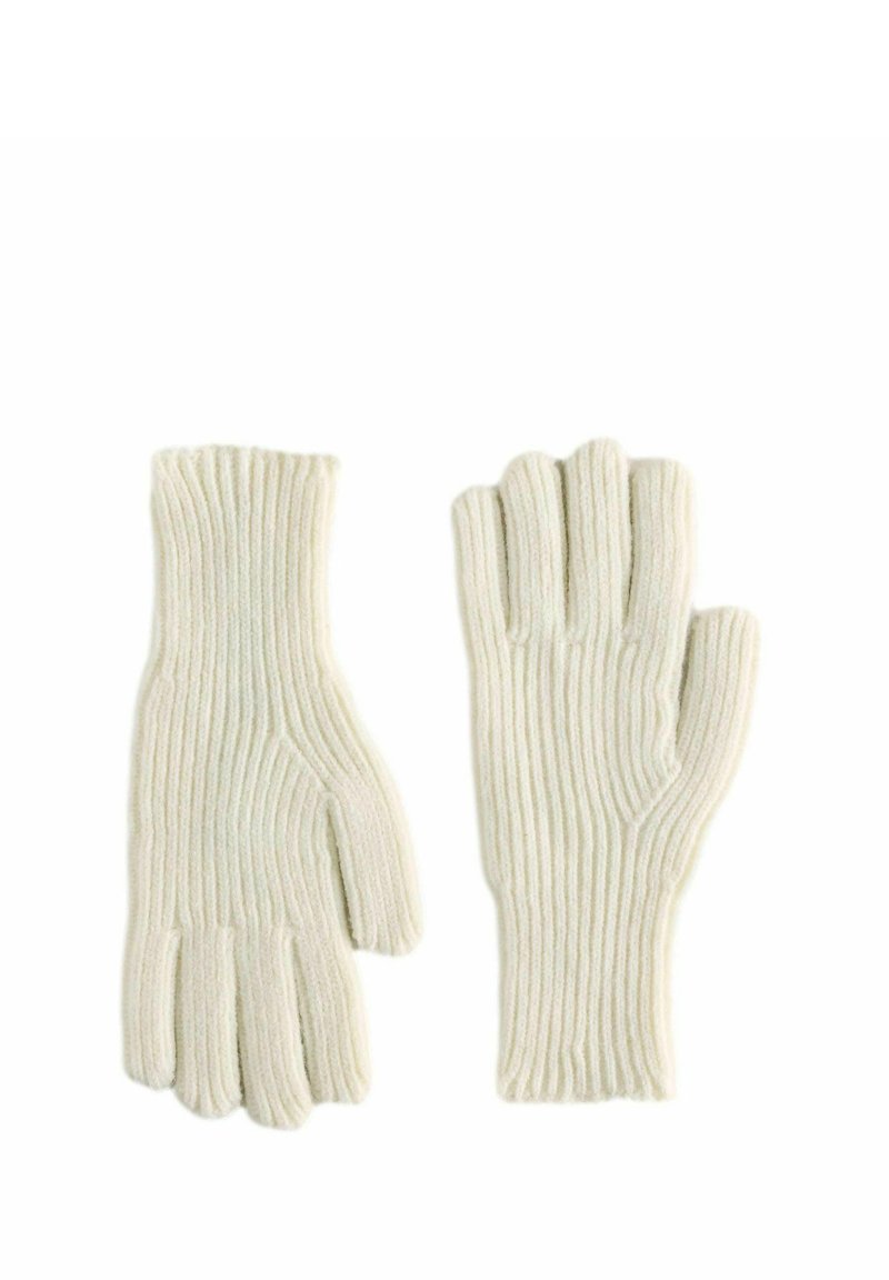 Gebreide handschoenen in off-white, met een geribbelde textuur en een ontwerp met vijf vingers voor warmte en behendigheid. Zacht, flexibel materiaal.