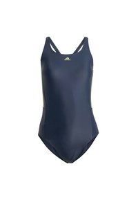 Costume intero da donna navy con spalline sottili, realizzato in materiale liscio, con accenti laterali verde chiaro e logo Adidas sul petto.