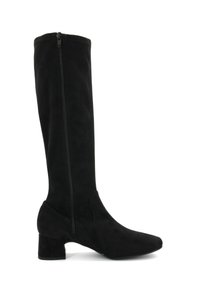 Zwarte suede kniehoge laars met een ritssluiting, puntige neus en een blokhak. Glad textuur en aansluitend ontwerp voor een gestroomlijnde uitstraling.