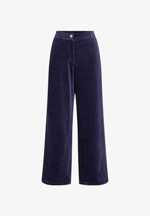 Wide-leg corduroy pants in deep navy blue with a textured surface, featuring a front button closure and side pockets.