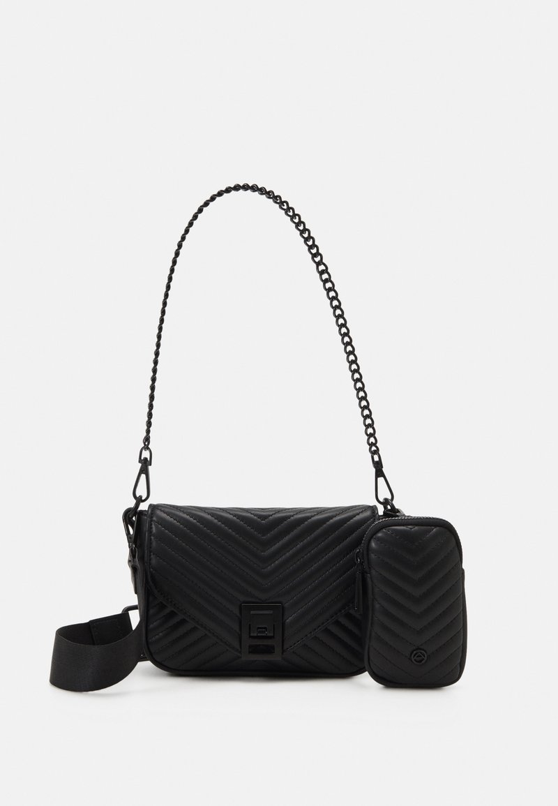 Black quilted faux leather crossbody bag with a chain strap and a detachable mini pouch. Features chevron pattern and metal accents.