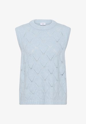 Svetlomodrá bezrukávová pletená vesta so vzorom očiek v tvare kosoštvorca a rebrovaným golierom a lemom.