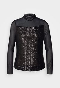 Schwarzes Langarmoberteil mit einem transparenten Mesh-Ausschnitt und einem mit Pailletten besetzten Oberteil, das eine taillierte Form und eine glatte Textur aufweist.