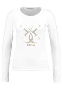 T-shirt bianco a maniche lunghe in cotone, con un logo a righe oro e nero sul davanti, colletto rotondo e taglio aderente.