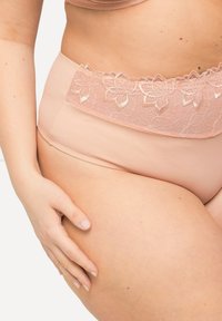 Lichtroze high-waisted onderbroek met een bloemenkant tailleband. Glad textuur, rekbaar materiaal en een ontwerp voor volledige bedekking.