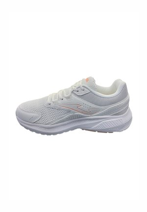 Zapatilla deportiva blanca con parte superior de malla, detalles текстurados, acentos en rosa claro y suela de goma. Presenta un sistema de cordones y talón reforzado.