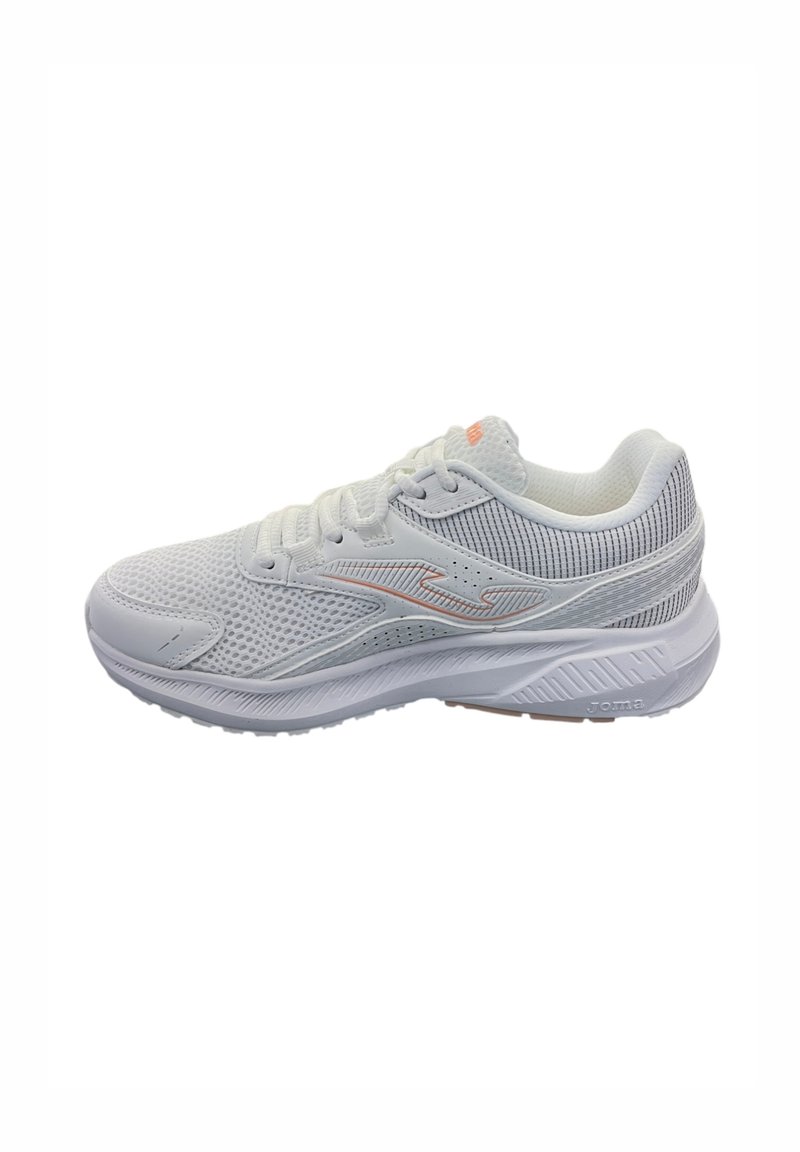 Zapatilla deportiva blanca con parte superior de malla, detalles текстurados, acentos en rosa claro y suela de goma. Presenta un sistema de cordones y talón reforzado.