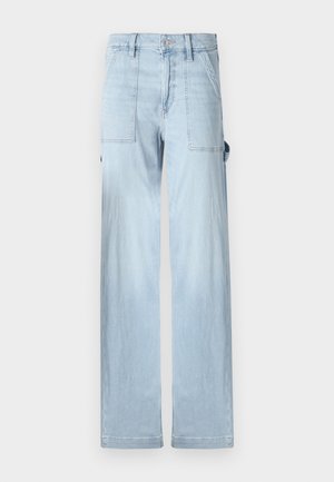 Heledad sinine teksapüksid sirge lõikega, ees- ja küljetaskutega. Kanga pinnal on peent pleekinud tekstuuri.