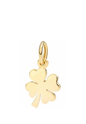 Goldener vierblättriger Kleeblatt-Anhänger mit glatter, polierter Oberfläche und kleinem Ösenring zum Befestigen an Schmuck oder Accessoires.