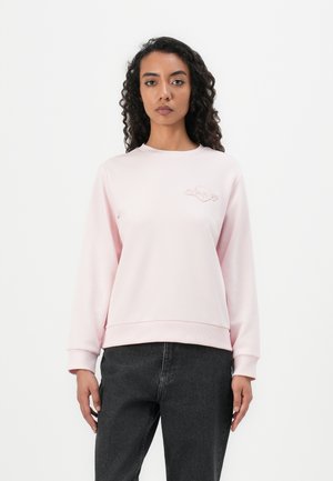 Felpa rosa chiaro con collo rotondo, polsini e orlo a costine. Presenta un logo impresso sottilmente sul petto e una texture di tessuto morbida.