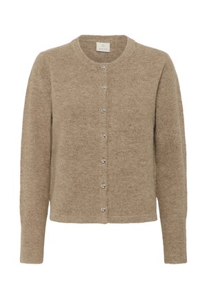 Cardigan en tricot marron avec un col rond, des manches longues et des boutons en argent sur le devant. Texture douce, coupe décontractée.