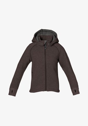 Hættejakke i mørkebrun fleece med lynlås foran. Har kontrasterende grå foring, raglanærmer og tommelhuller ved ærmerne.