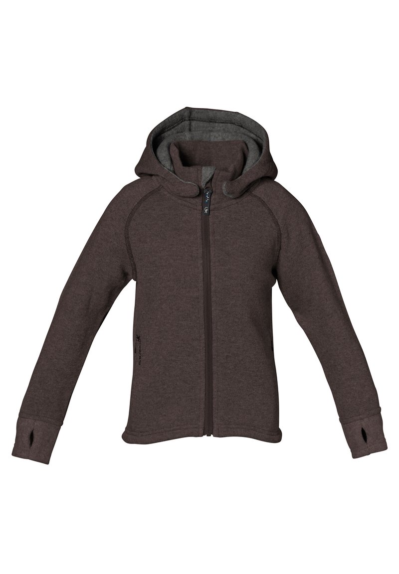 Huvjacka i mörkbrun fleece med dragkedja fram. Har kontrasterande grå foder, raglanärmar och tumhål vid ärmsluten.