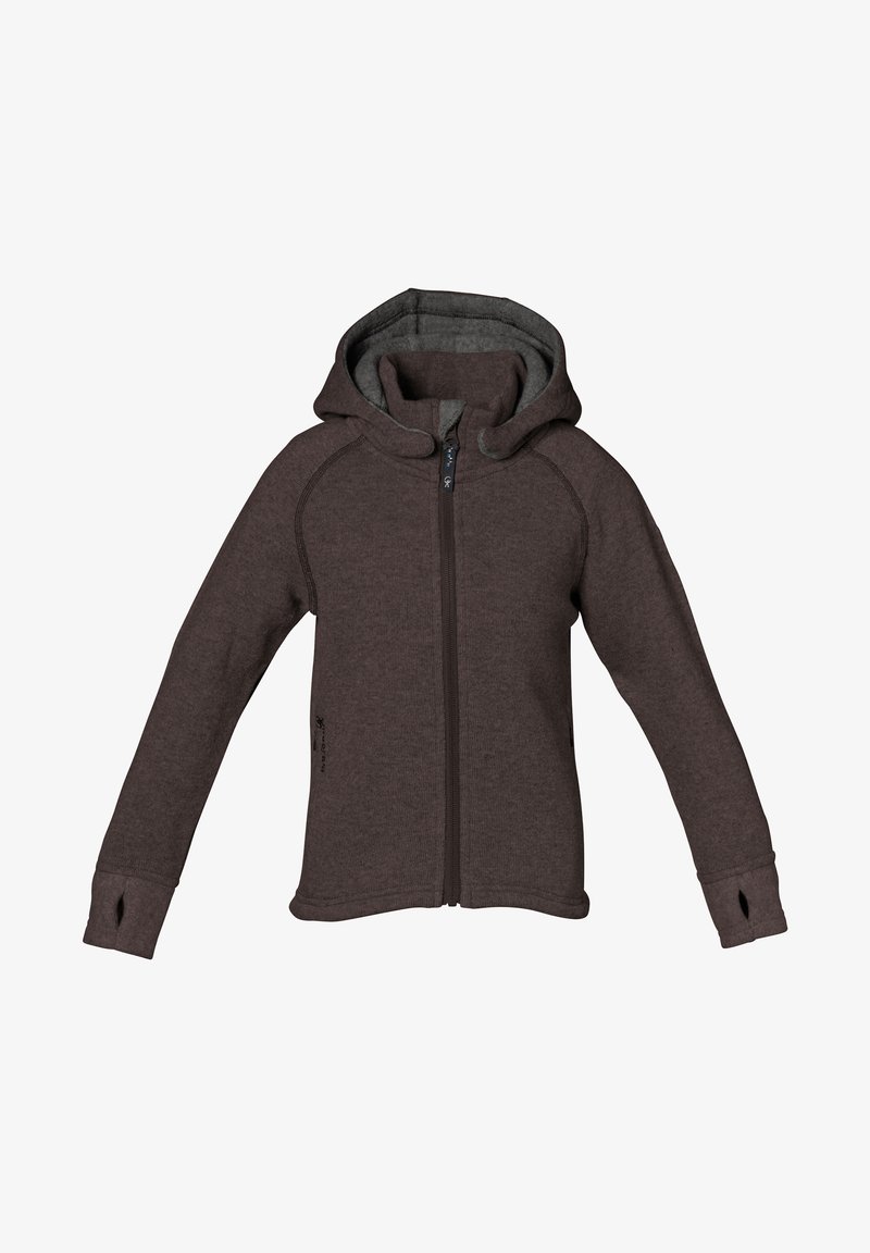 Hættejakke i mørkebrun fleece med lynlås foran. Har kontrasterende grå foring, raglanærmer og tommelhuller ved ærmerne.