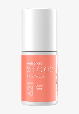 Bouteille de vernis à ongles UV Alessandro Striplac couleur coral heat, étiquetée 621, avec un capuchon blanc et le texte édition limitée sur le côté.