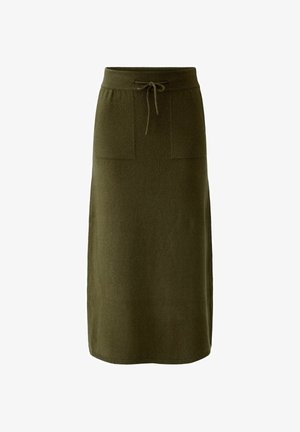 Olive green knit skirt with a drawstring waist, two front pockets, straight cut, and soft texture. Measures knee-length.