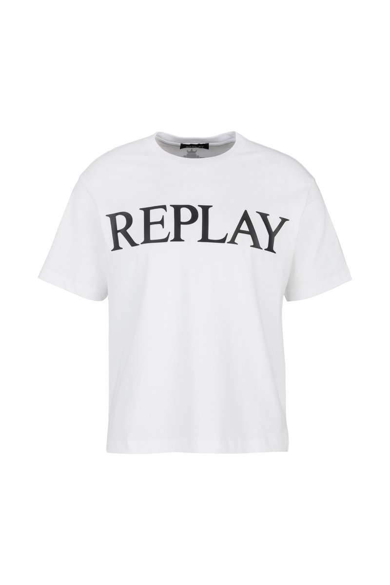 Bílá bavlněná tričko s krátkým rukávem, s výrazným černým textem "REPLAY" přes hruď. Klasický kulatý výstřih, volný střih.