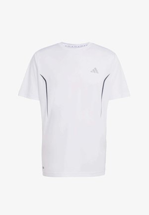 Bílý sportovní triko vyrobené z hladké látky. Obsahuje šedé akcenty na stranách a malé logo na hrudi. Krátké rukávy.