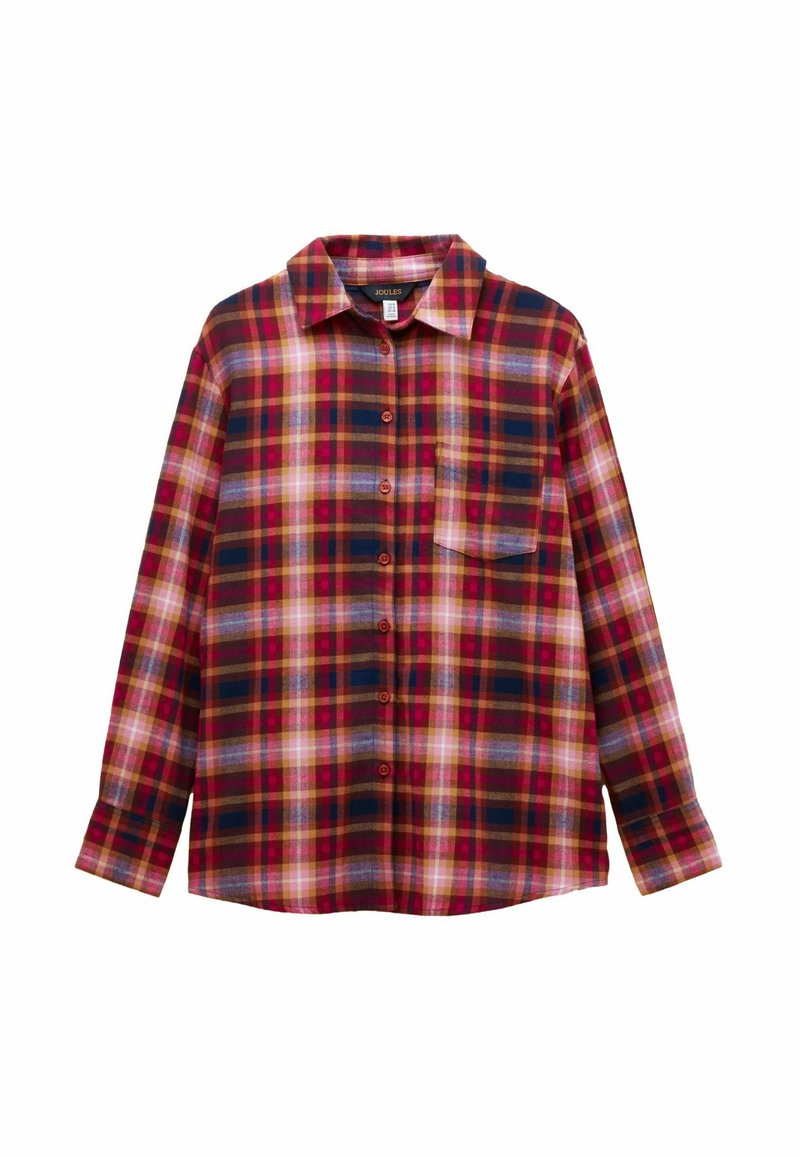 Plaid shirt in red, pink, brown, and navy. Long sleeves, button-up front, and chest pocket. Soft fabric texture with checkered pattern.