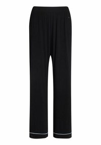 Pantaloni lounge neri realizzati in tessuto morbido, con un ampio elastico in vita e un accento bianco lungo l'orlo inferiore. Design a gamba dritta.