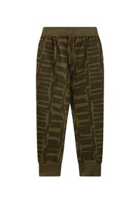 Olivgrüne Jogginghosen aus weichem Stoff mit einem geometrischen Muster. Der elastische Bund und die Bündchen sorgen für einen bequemen Sitz.