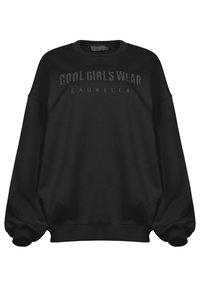 Sudadera negra con cuello redondo, corte oversize y puños acanalados. En la parte frontal se muestra el texto "LAS CHICAS COOL LLEVAR LAURELLA" en un acabado contrastante.