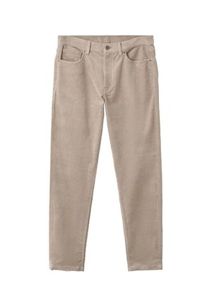 Pantaloni in corduroy beige con vestibilità slim, dotati di cinque tasche, chiusura con zip e superficie testurizzata.