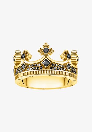 Goldener ring in Kronenform, verziert mit schwarzen Edelsteinen in Fleur-de-Lis- und Diamantmustern, mit graviertem Text auf dem Innenring.