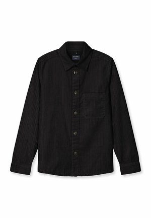 Black corduroy shirt with a collar, long sleeves, and front button closure. Features vertical ribbed texture and a chest pocket.