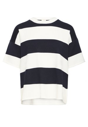 Striped knit top featuring alternating navy and white horizontal stripes, crew neckline, short sleeves, and a relaxed fit.