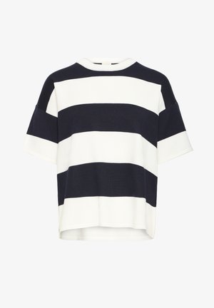 Striped knit top featuring alternating navy and white horizontal stripes, crew neckline, short sleeves, and a relaxed fit.