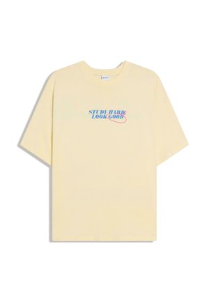 Light yellow short-sleeve T-shirt with blue text "STUDY HARD LOOK GOOD" and a red oval encircling part of the text on the chest.