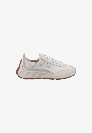 White leather sneaker with perforated detailing, grey accents, and a textured brown rubber sole; features traditional lacing and a curved shape.